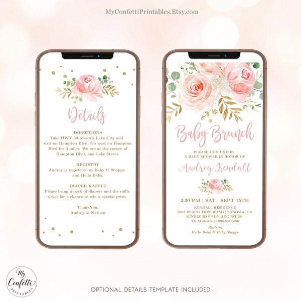 DIGITAL Baby Brunch Invitation, Electronic Girl Baby Brunch Invitation, Editable, Baby Brunch, Blush Pink Floral, MCP820, CJB