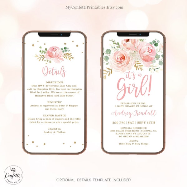 DIGITAL Baby Shower Invitation, Electronic, Girl Baby Shower Invite, Editable, It's a Girl, Blush Pink Floral, Textable, MCP820, CJB