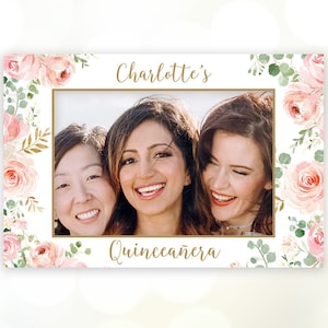 Editable Quinceañera Photo Frame Prop Template, Printable Photo Prop Frame, Quinceanera, Blush Pink Floral, Quince Birthday, MCP823, CJB