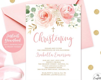 Puede incluir: Una invitación de bautizo rosa y dorada con un diseño floral de acuarela. La invitación incluye el texto "Bautizo", "Por favor, únase a nosotros para el bautizo de nuestra hija Isabella Emerson", y la fecha y hora del evento.