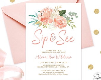 Peach Sip & See Invitation, EDITABLE, Printable Sip and See Baby Shower Invitation Template, Peach Floral, Meet and Greet, MCP808, CJB