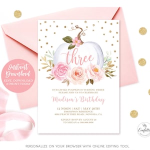 EDITABLE Pumpkin Third Birthday Party Invitation Template, Printable Girl 3rd Birthday Invitation Card, Autumn, Fall, Three, MCP827, CJB