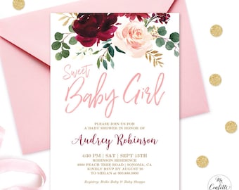 May include: A pink and white baby shower invitation with burgundy floral illustrations. The text reads "Sweet Baby Girl" and includes the name "Audrey Robinson" and the date "Sept 15th".