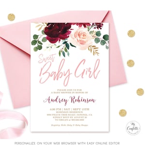 Pink Burgundy Floral Baby Shower Invitation, EDITABLE, Printable Baby Shower Card Template, Plum, Blush, Sweet Baby Girl, MCP816, CJB