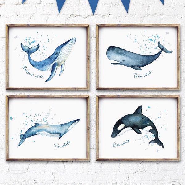 Printable Whale Watercolor Wall Art, Coastal, Nautical Wall Art Print, Nursery Wall Decor, Boy, Girl, Neutral, 8x10, 11x14, Ocean, Beach