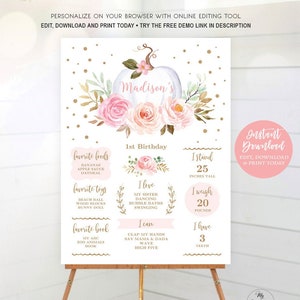 Puede incluir: Un cartel de hitos del primer cumpleaños imprimible con una calabaza blanca y flores rosas. El cartel incluye el nombre "Madison's", la edad "1er cumpleaños" y detalles sobre los alimentos, juguetes y actividades favoritos del niño. El cartel está decorado con purpurina dorada y un diseño floral.