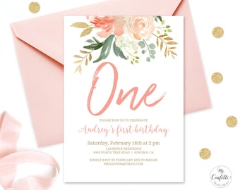 editable blush pink floral baby s first birthday party etsy