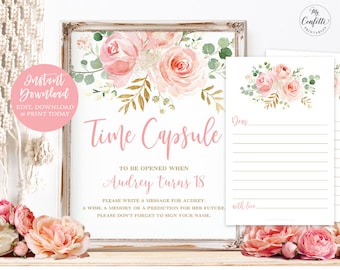 Time Capsule Sign and with Matching Printable Message Cards, Editable Sign, First Birthday Time Capsule, Blush Pink Floral, MCP821, CJB