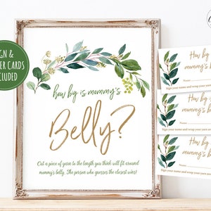 Baby Shower Game Sign and Answer Cards, How Big is Mommy's Belly? Printable Baby Shower Game, Neutral Greenery, MCP813, MCP814