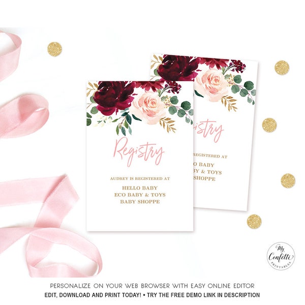 Burgundy Pink Floral Gift Registry Card, Girl Baby Shower Registry Card, Plum, Boho, MCP816, CJB