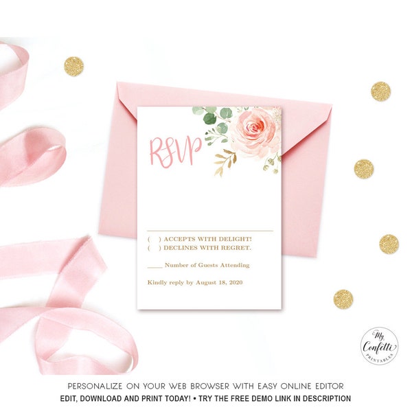 Blush Pink Floral RSVP Card, Printable RSVP Card Template, Birthday, Showers, Editable, MCP820, MCP821, MCP822, MCP823, MCP824, MCP830, CJB