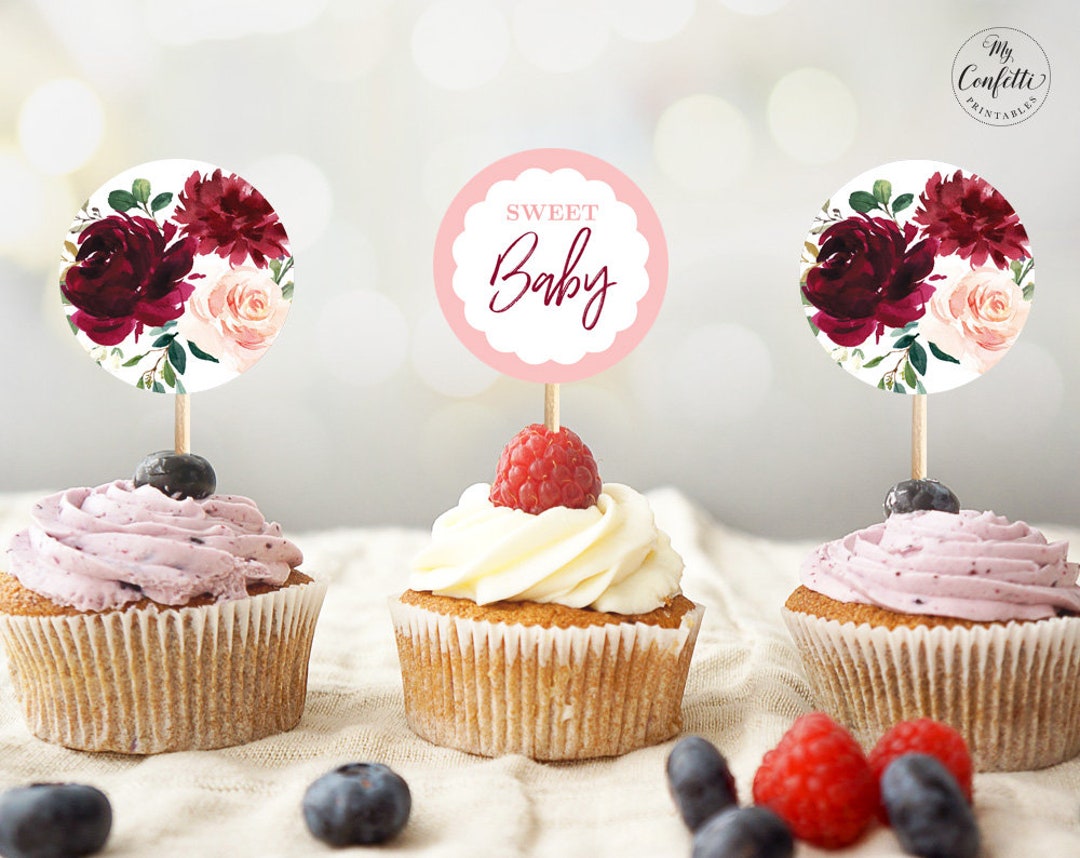 Baby Shower Cupcake Toppers, Printable Cupcake Toppers, Burgundy, Pink ...