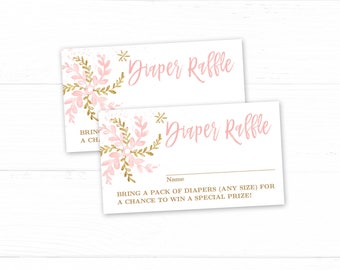 Snowflake Baby Shower Diaper Raffle Tickets, Printable Diaper Raffle Ticket, Girl Baby Shower, Pink, Gold, Winter, MCP842, CJB