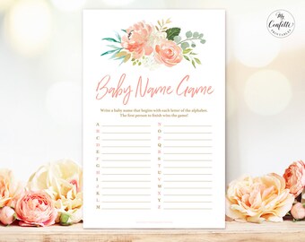 Baby Shower Game, Printable Baby Name Game, Peach Blush Floral, Gold, Girl Baby Shower Party Games, MCP808