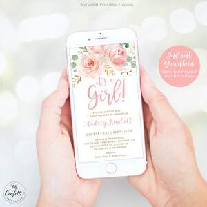 DIGITAL Baby Shower Invitation, Electronic, Girl Baby Shower Invite, Editable, It's a Girl, Blush Pink Floral, Textable, MCP820, CJB image 2