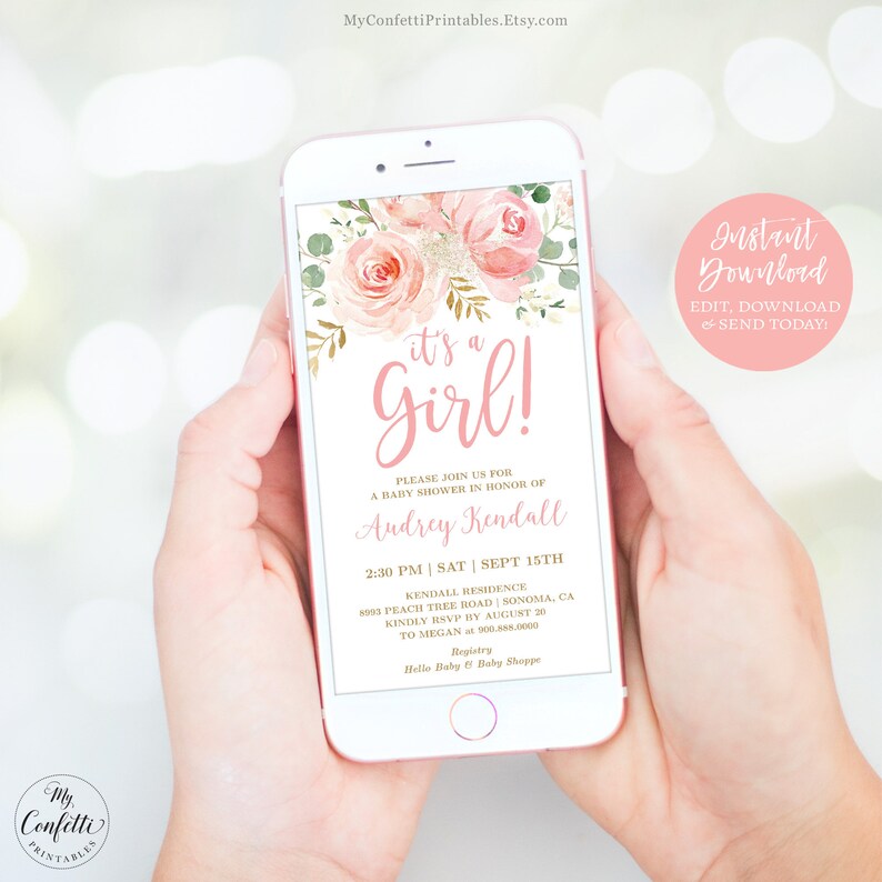 DIGITAL Baby Shower Invitation, Electronic, Girl Baby Shower Invite, Editable, It's a Girl, Blush Pink Floral, Textable, MCP820, CJB image 2