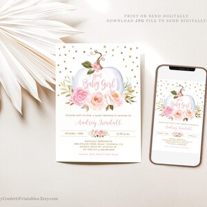 May include: A white pumpkin with pink and peach flowers and greenery, with the text "Sweet Baby Girl" in pink. The invitation is for a baby shower for Audrey Kendall on October 18th at 2:30 p.m. at the Kendall Residence. The invitation includes the address and RSVP information.