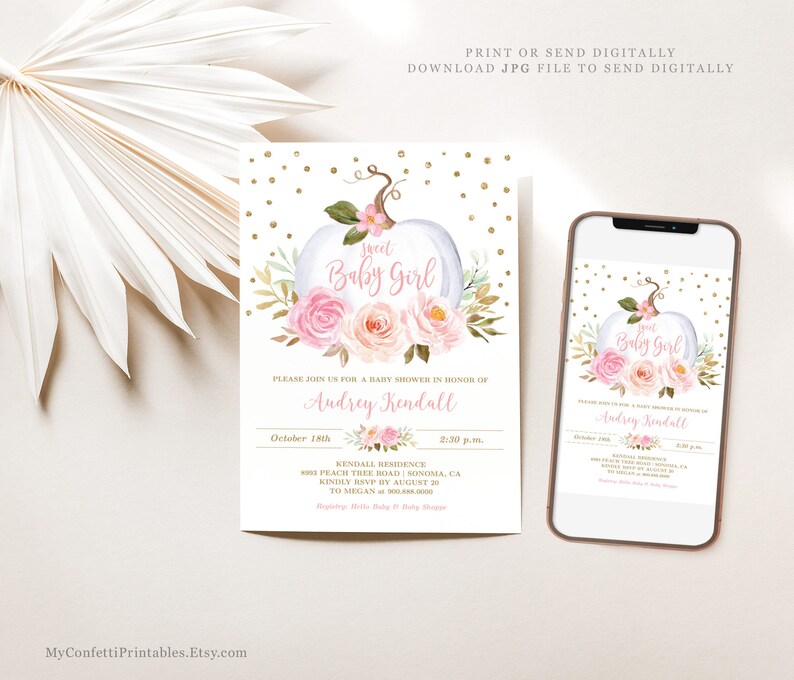 May include: A white pumpkin with pink and peach flowers and greenery, with the text "Sweet Baby Girl" in pink. The invitation is for a baby shower for Audrey Kendall on October 18th at 2:30 p.m. at the Kendall Residence. The invitation includes the address and RSVP information.