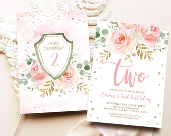 May include: Pink and gold floral birthday invitation with the text "Emma's 2nd Birthday" and "two". The invitation includes details for the party, including the date, time, location, and RSVP information.
