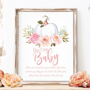May include: A white pumpkin with pink and peach flowers and greenery. The text "Don't say Baby" is written in pink script. The text below reads "Take a pin and put it on your clothes. If you hear someone say 'baby' you can snatch all of their pins. Whoever has the most pins at the end wins!"