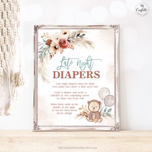 Late Night Diapers Sign, Printable Baby Shower Game Sign, Boho, Teddy Bear, Pampas, Boy Baby Shower, Baby Sprinkle, MCP108