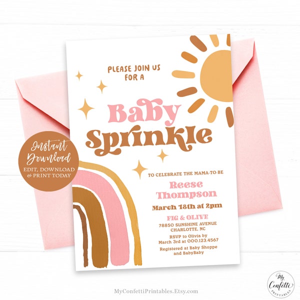 Editable Baby Sprinkle Invitation Template, Girl Baby Sprinkle Invite, Sunshine, Rainbow, Retro, Sun, Pink, Terracotta, Boho, MCP107, CJB