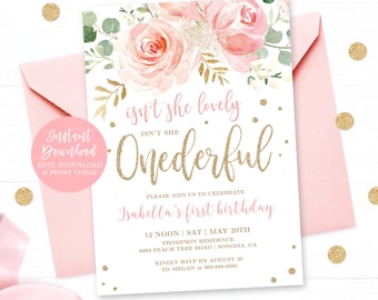 Baby&#39;s First Birthday Party Invitation, EDITABLE, Printable Baby Girl 1st Birthday Template, Blush Pink, Isn&#39;t She Onederful, MCP821, CJB