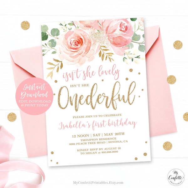 Baby's First Birthday Party Invitation, EDITABLE, Printable Baby Girl 1st Birthday Template, Blush Pink, Isn't She Onederful, MCP821, CJB