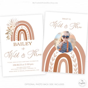 Wild & Three Birthday Invitation, Editable Rainbow 3rd Birthday Invitation Template, Printable, Boho, Third, Boy, Girl, MCP89, CJB