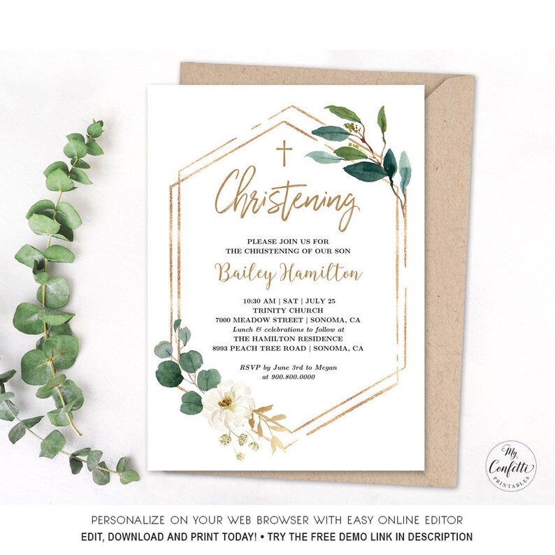 May include: A gold geometric frame with white flowers and green leaves surrounds the text "Christening" and the details for a christening ceremony. The text includes the name "Bailey Hamilton", the date and time of the ceremony, the church location, and the reception location.