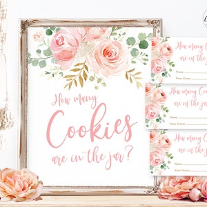 How Many Cookies are in the Jar? Baby Shower Game Sign and Answer Cards, Printable Baby Shower Game, Blush Pink Floral, MCP820