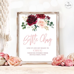Bottle Chug Game, Printable Baby Shower Game Sign, Co-ed Baby Shower Activities, Girl, Boho, Blush, Pink Burgundy Floral, MCP816