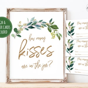 Guess how many kisses are in the Jar? Baby Shower Game Sign and Answer Cards, Printable Baby Shower Game, Greenery, MCP813, MCP814, MCP815