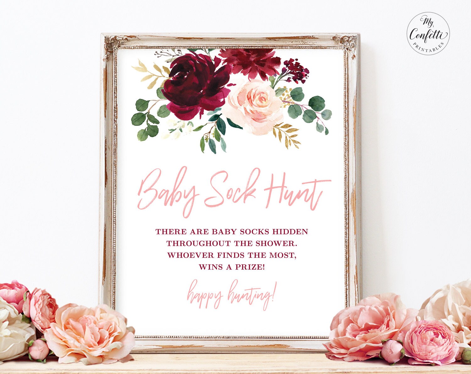 Pink Hearts Baby Sock Hunt Printable Sign