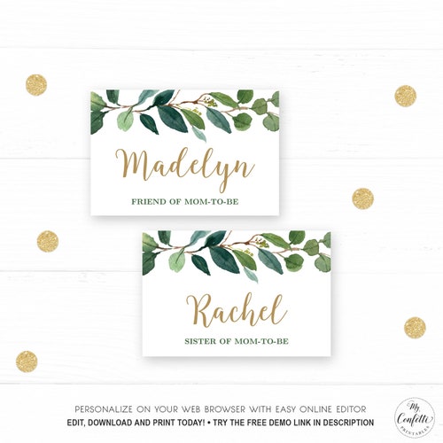 Name Label or Name Badge Insert, Printable Baby Shower Guest Name Tags Label Template, Editable, Greenery, MCP813, MCP814, MCP815, CJB