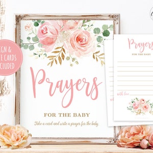 Prayers for Baby Sign and Note Cards, Printable Baby Shower Prayers for Baby Sign and Note Card, Blush Pink Floral, MCP820, MCP830