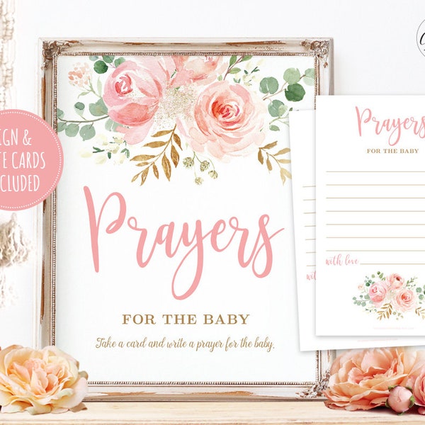 Prayers for Baby Sign and Note Cards, Printable Baby Shower Prayers for Baby Sign and Note Card, Blush Pink Floral, MCP820, MCP830