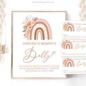 How Big is Mommy's Belly Game, Printable Baby Shower Game Sign and Answer Cards, Peachy Pink Boho Rainbow, Girl, Floral, MCP103