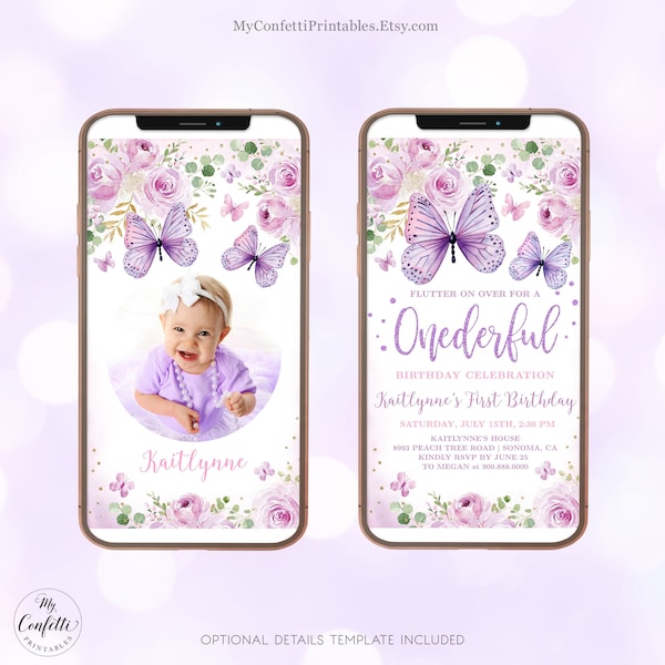Onederful First Birthday Digital Invitation Template, 1st, First, Butterfly, Lavender, Purple, Editable, Textable, Phone, Girl, MCP105, CJB