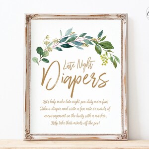 Late Night Diapers, Baby Shower Game Sign, Printable Baby Shower Game, Baby Shower Activities, Neutral, Greenery, MCP813, MCP814