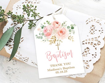 Baptism Favor Tags, Printable Baptism Thank You Favor Tag Template, Blush Pink Floral, MCP830, CJB
