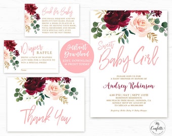Girl Baby Shower Invitation Template, EDITABLE, Printable Baby Shower Bundle, Pink, Burgundy, Floral, Boho, Sweet Baby Girl, MCP816, CJB