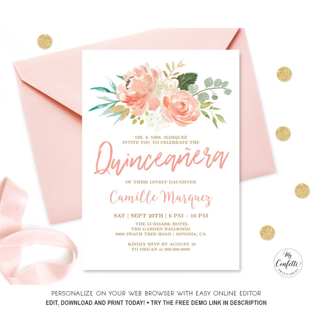 Peach Floral Quinceañera Invitation, EDITABLE, Printable Quinceañera ...
