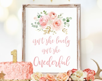 Isn&#39;t she Onederful Sign, Baby&#39;s First Birthday Sign, Printable Birthday Sign, 18x24 or 24x36, Pink Blush Floral, MCP821