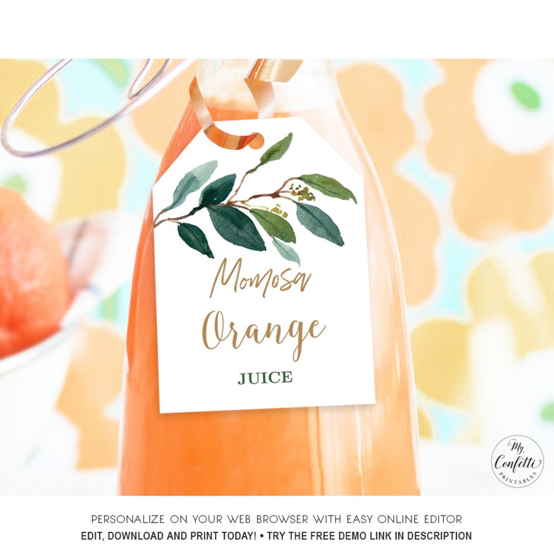 Editable Momosa Juice Tags, Greenery Baby Shower Mimosa Juice Tags ...