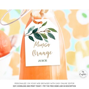 Editable Momosa Juice Tags, Greenery Baby Shower Mimosa Juice Tags, Printable Juice Tag Template, Modern Greenery, MCP813, MCP814, CJB