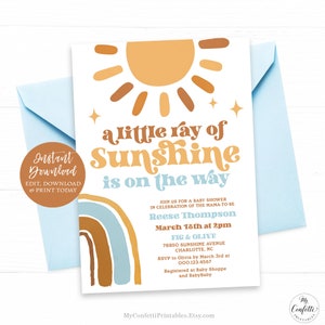 A Little Ray of Sunshine Baby Shower Invitation Template, Editable, Boy, Sunshine, Rainbow, Retro, Sun, Boho, 70s, Terracotta, MCP101, CJB
