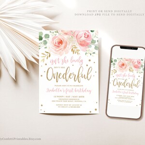 May include: A digital invitation with a floral design, featuring pink roses and gold accents. The text reads "Isn't she lovely, Onederful" and announces Isabella's first birthday. A smartphone displays the same invitation.