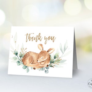 Baby Shower Thank You Card, Printable Thank You Card Template, Baby Deer, Boy, Greenery, Rustic, MCP840, CJB