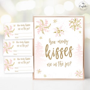 How Many Kisses are in the Jar? Baby Shower Game Sign and Answer Cards, Printable Baby Shower Game, Winter Snowflake, Pink, MCP842